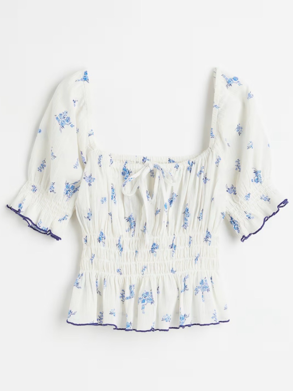 H&M Puff Sleeve Smocked Floral Cotton Cropped Top